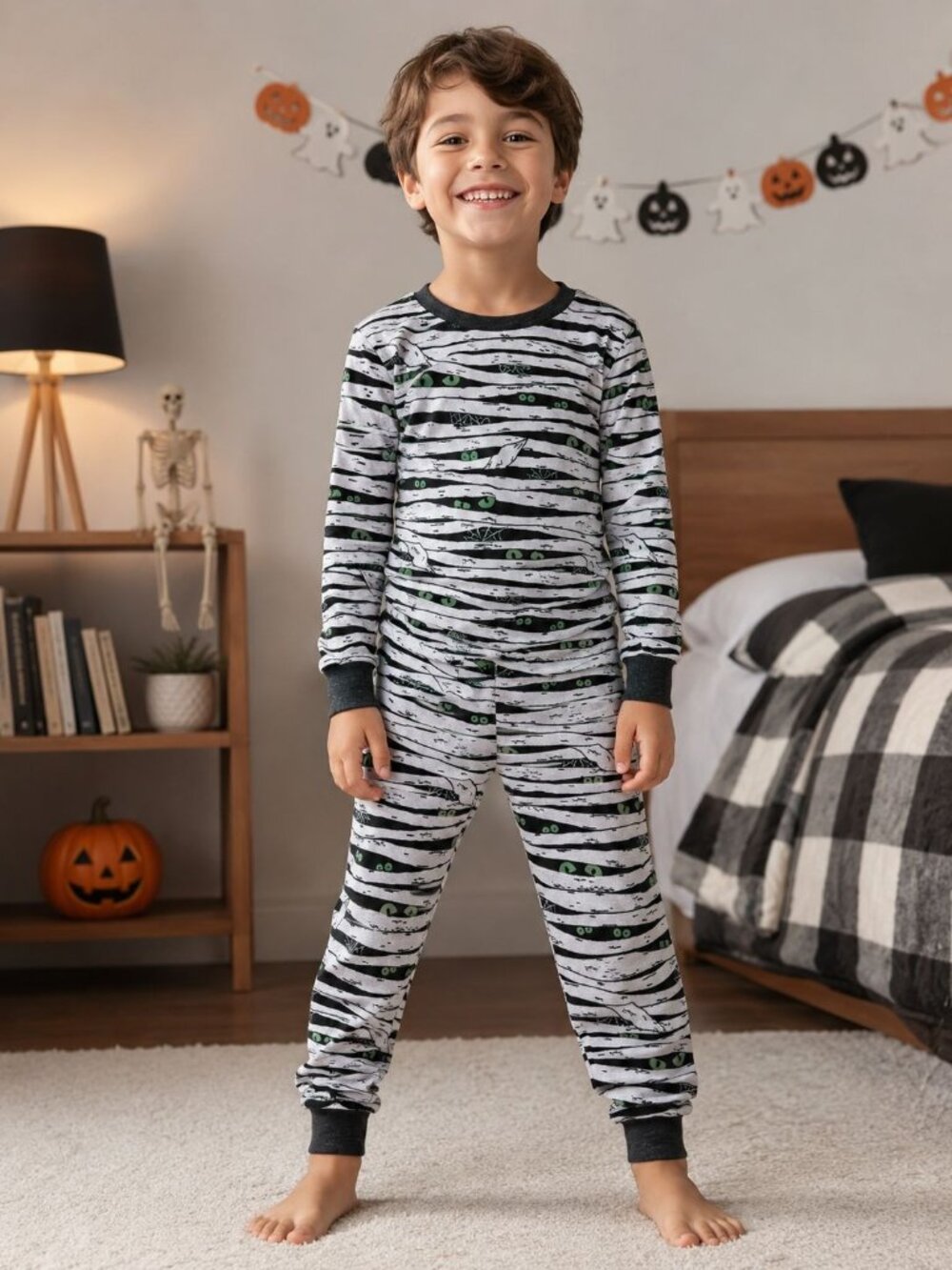 two-piece children's pajama set a white mummy bandage wrap glowing green eyes 6